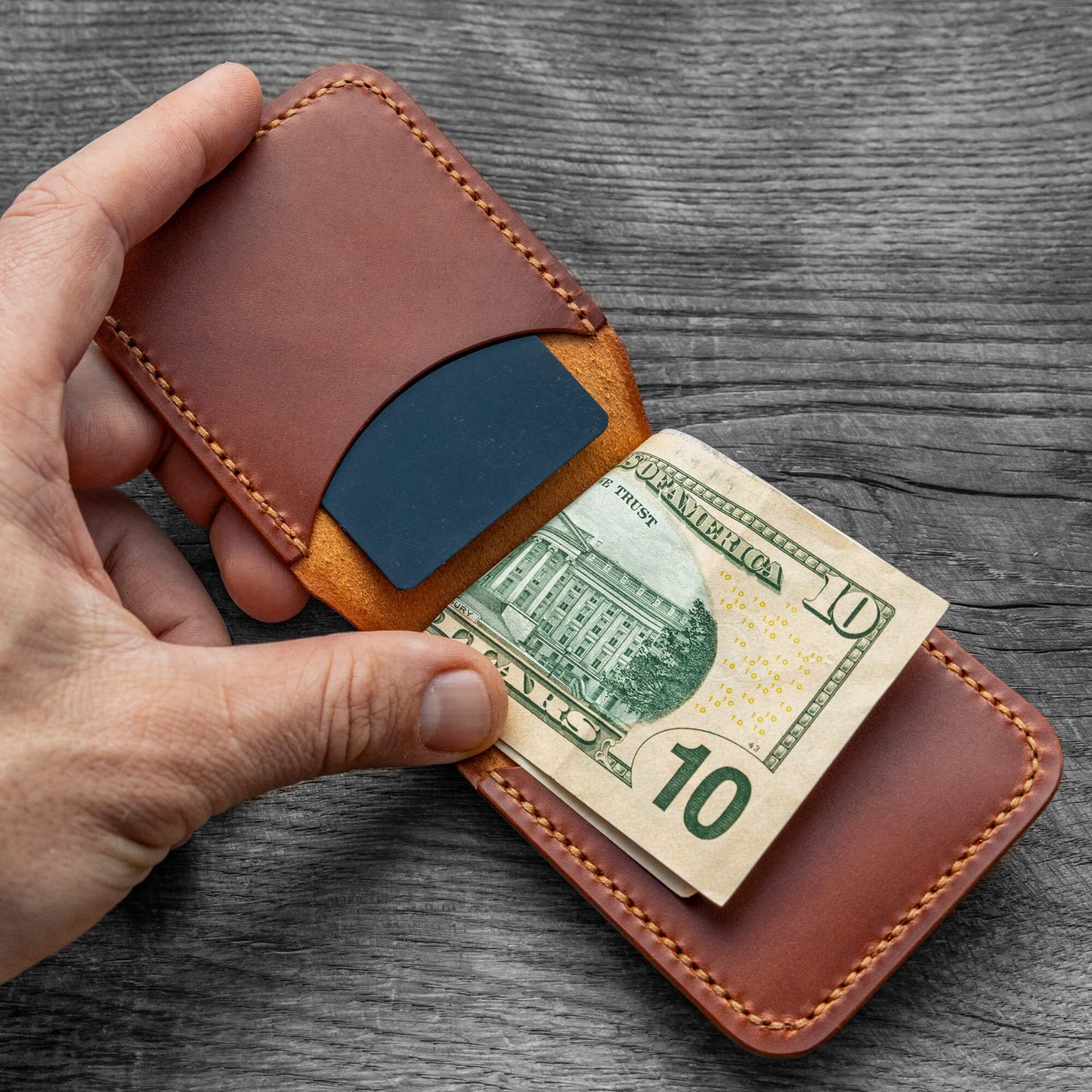 Handmade Leather Card Holder with Money Clip – Minimalist Slim Wallet