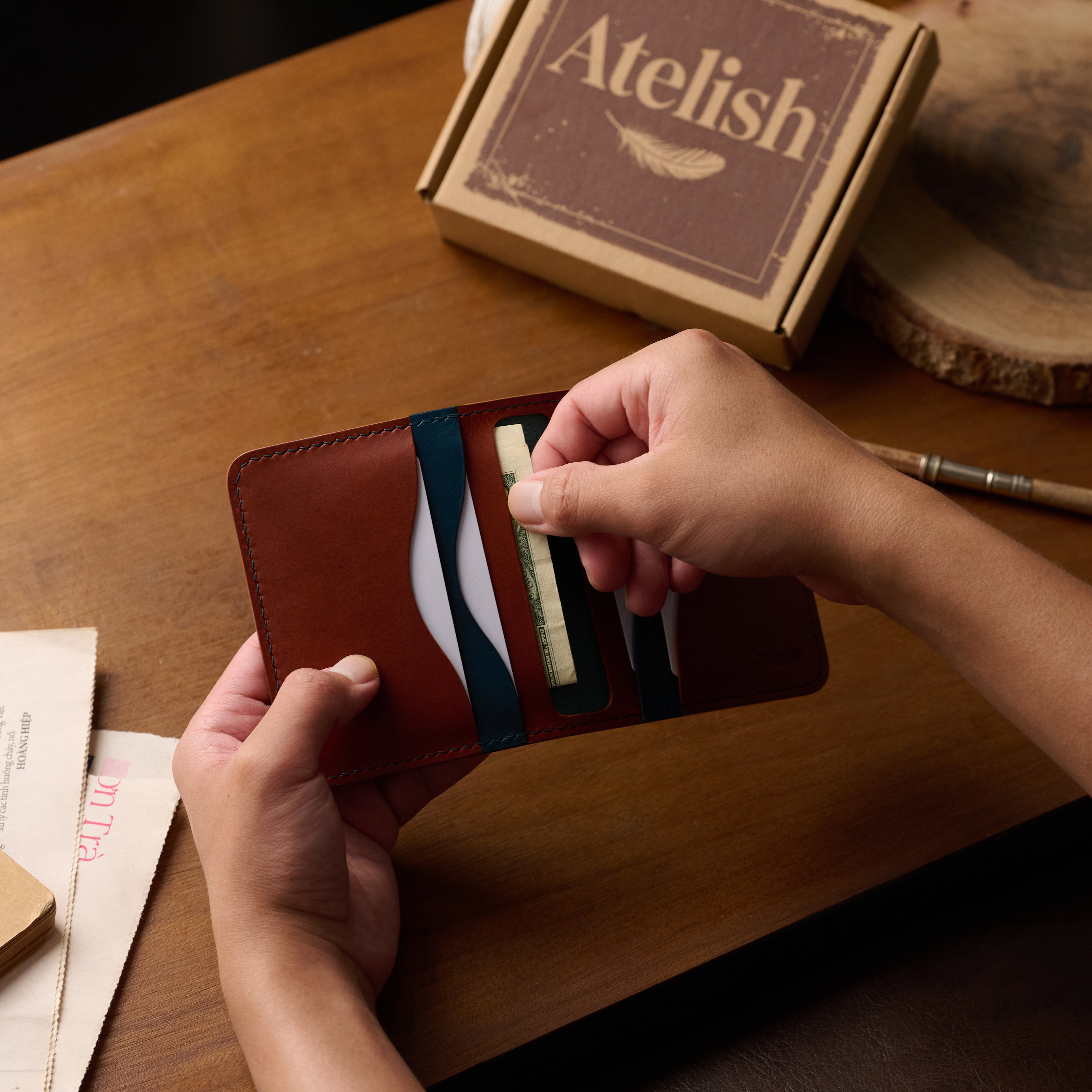 Atelish Vertical Buttero Leather Slim Bifold Wallet